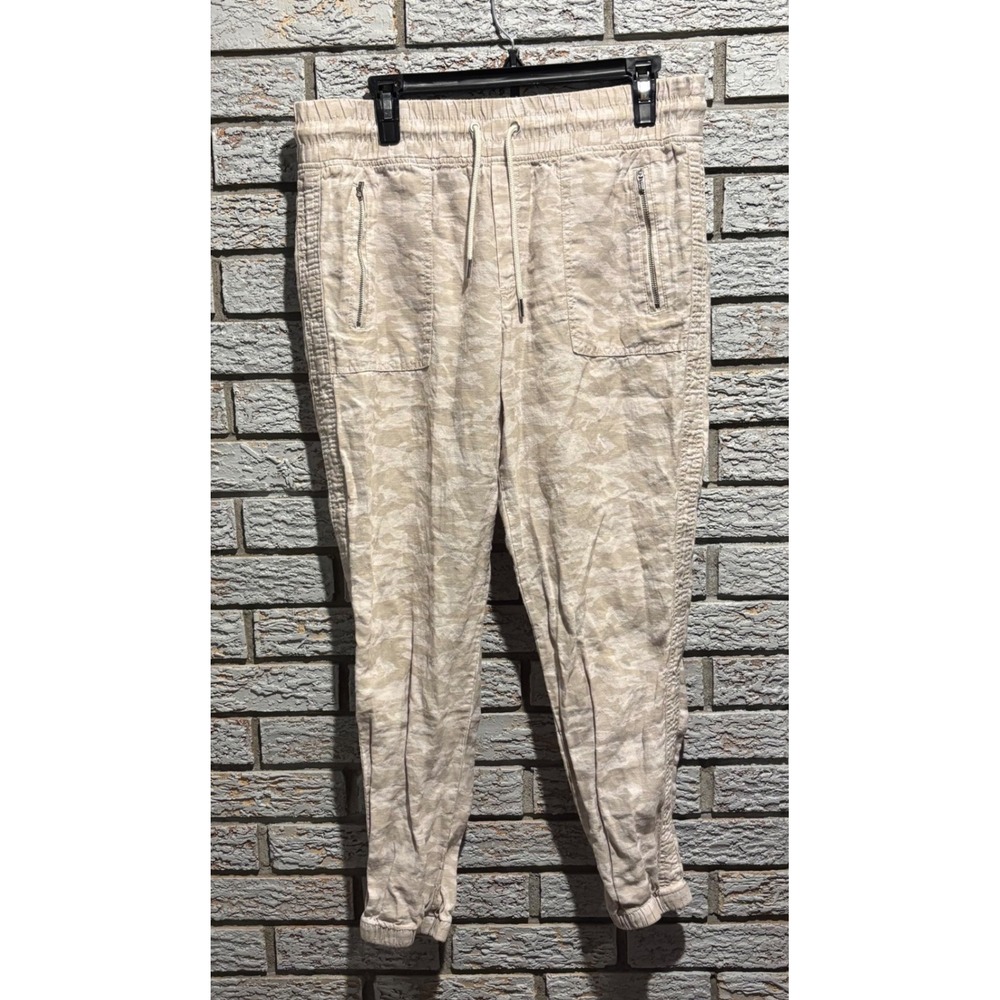 Athleta Cabo Tide Linen Jogger Pants Beige Camo Size 12 Drawstring Casual Travel - Picture 1 of 5
